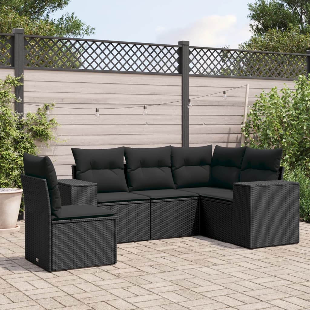 Set Divani da Giardino 5 pz con Cuscini in Polyrattan Nero