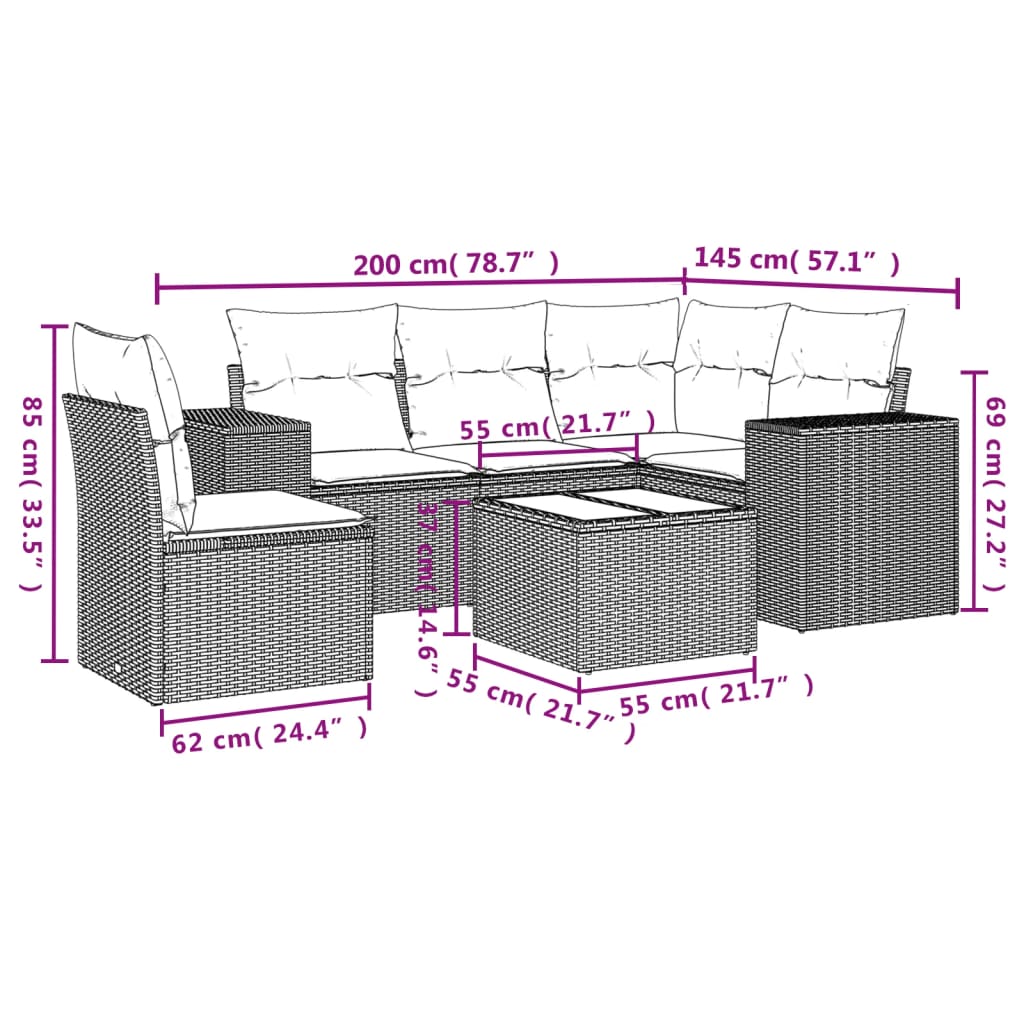 Set Divano da Giardino 6 pz con Cuscini Nero in Polyrattan
