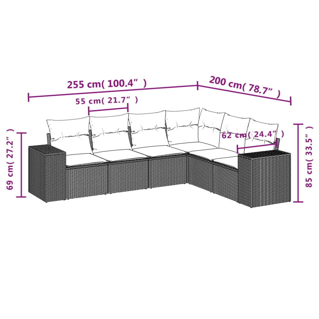 Set Divano da Giardino 6pz con Cuscini Grigio Chiaro Polyrattan