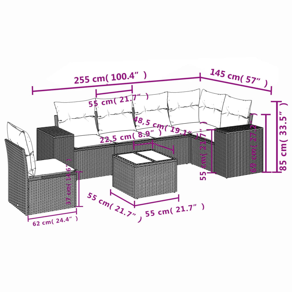 Set Divani da Giardino con Cuscini 7pz Nero Polyrattan