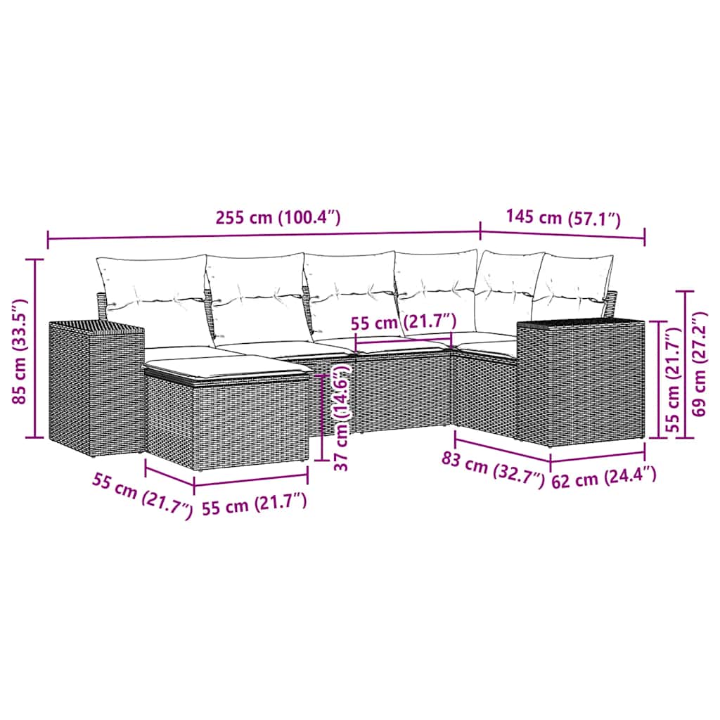 Set Divano da Giardino 6pz con Cuscini Grigio Chiaro Polyrattan