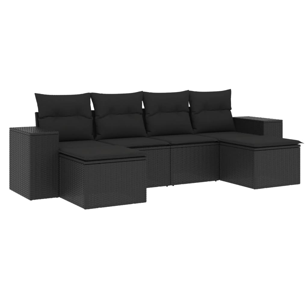 Set Divano da Giardino 6 pz con Cuscini Nero in Polyrattan