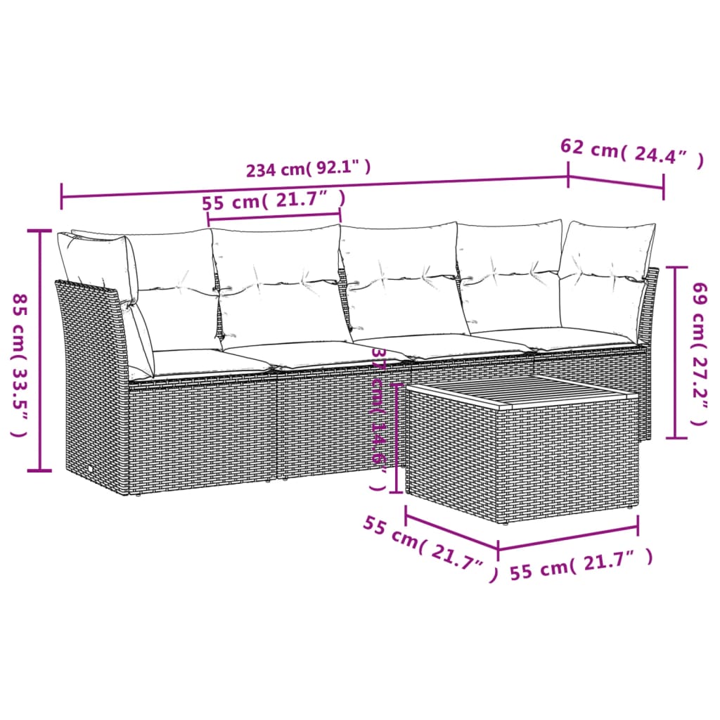 Set Divano da Giardino 5 pz con Cuscini Beige in Polyrattan