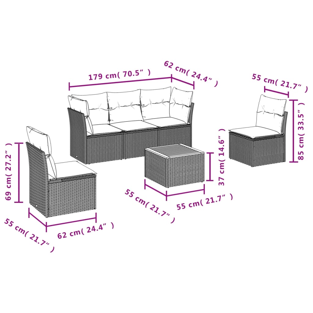 Set Divani da Giardino 6 pz con Cuscini Nero in Polyrattan