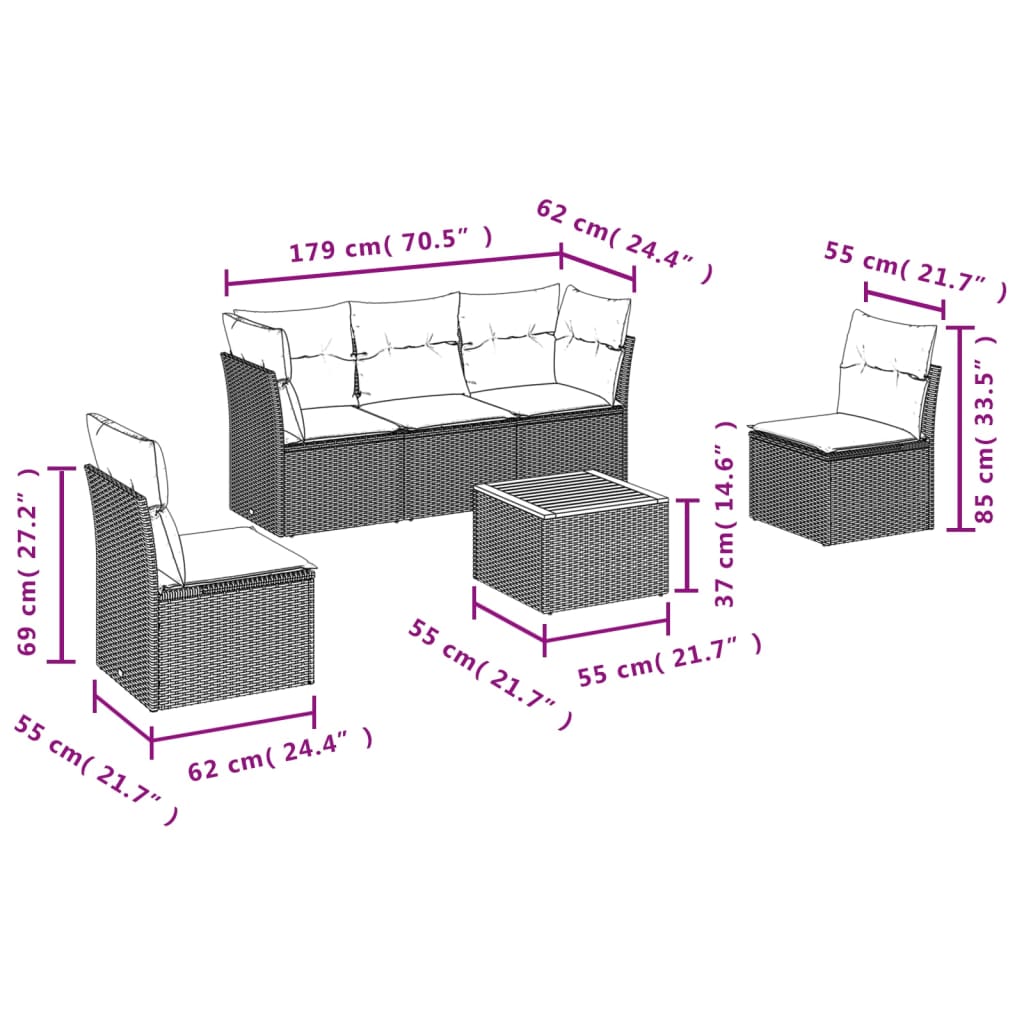 Set Divano da Giardino 6 pz con Cuscini Beige Misto Polyrattan