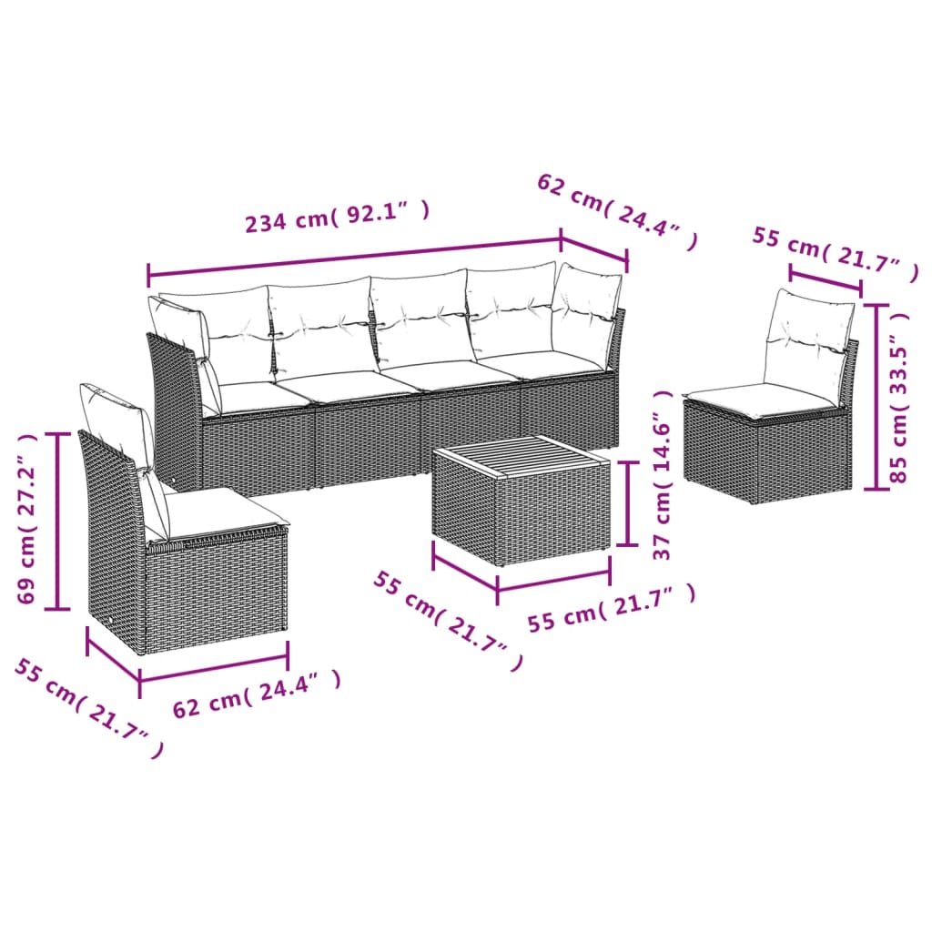 Set Divani da Giardino 7 pz con Cuscini Nero in Polyrattan