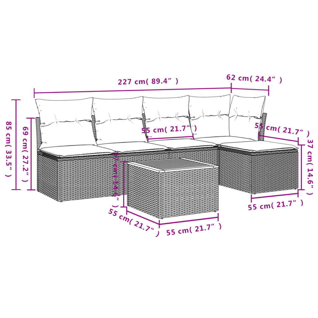 Set Divano da Giardino 6 pz con Cuscini Beige Misto Polyrattan