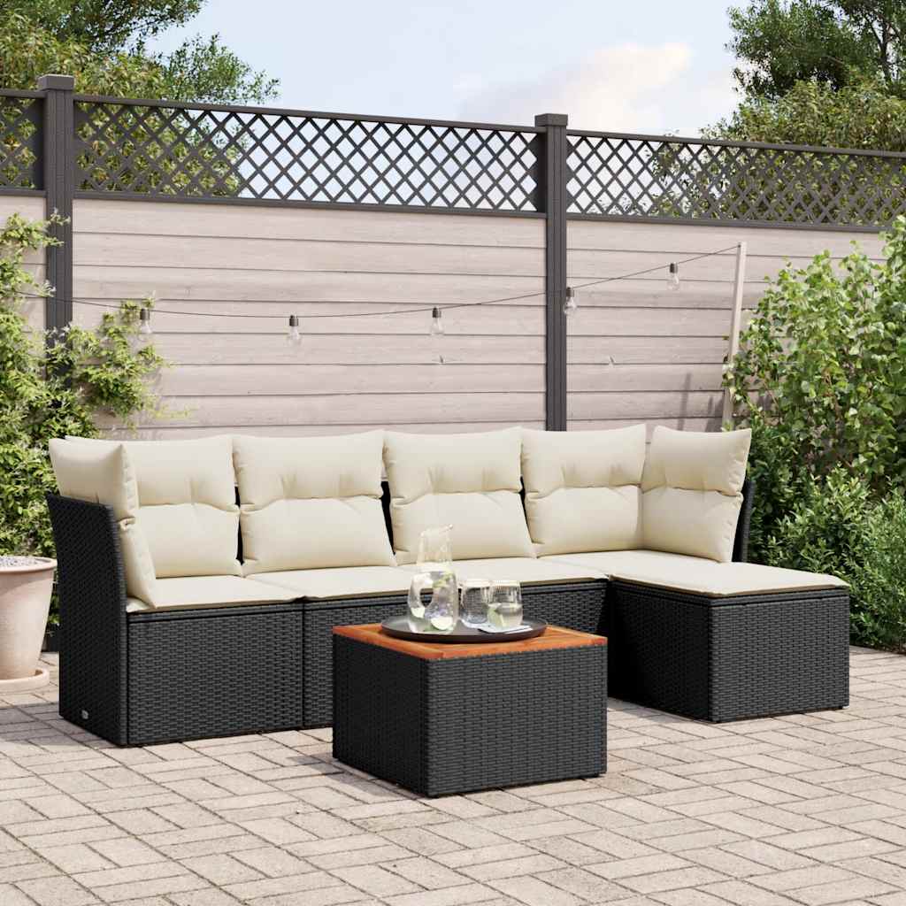 Set Divano da Giardino 6 pz con Cuscini Nero in Polyrattan