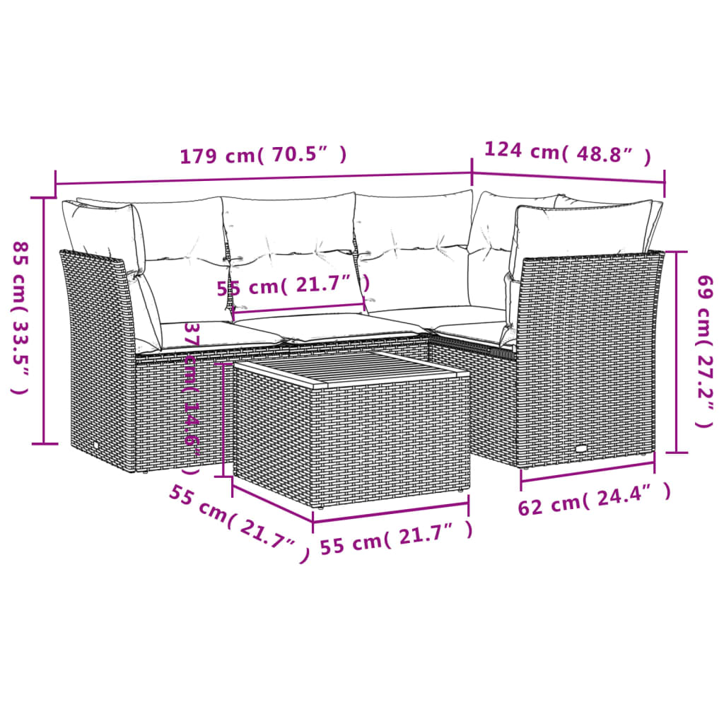 Set Divano da Giardino 5 pz con Cuscini Beige Misto Polyrattan