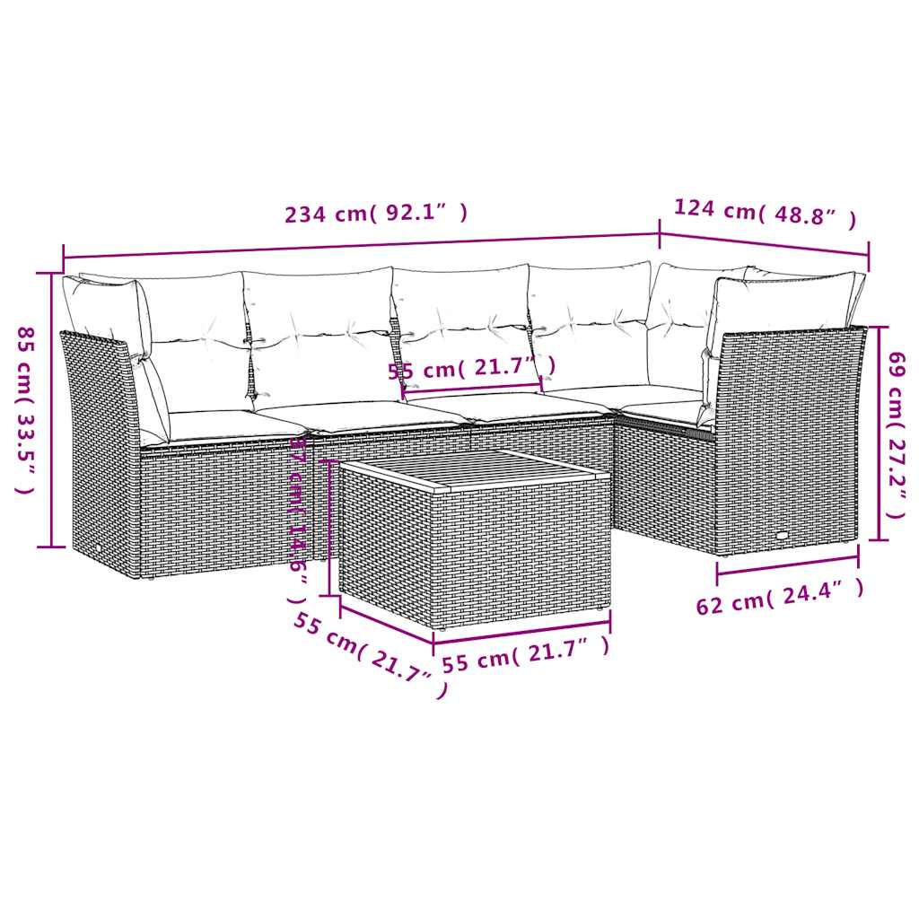 Set Divano da Giardino 6 pz con Cuscini Nero in Polyrattan
