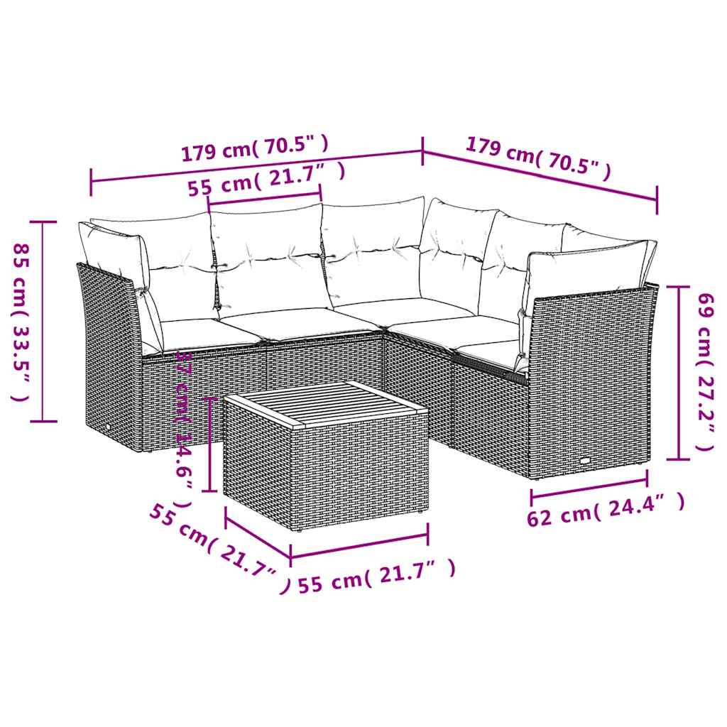 Set Divano da Giardino 6 pz con Cuscini Nero in Polyrattan