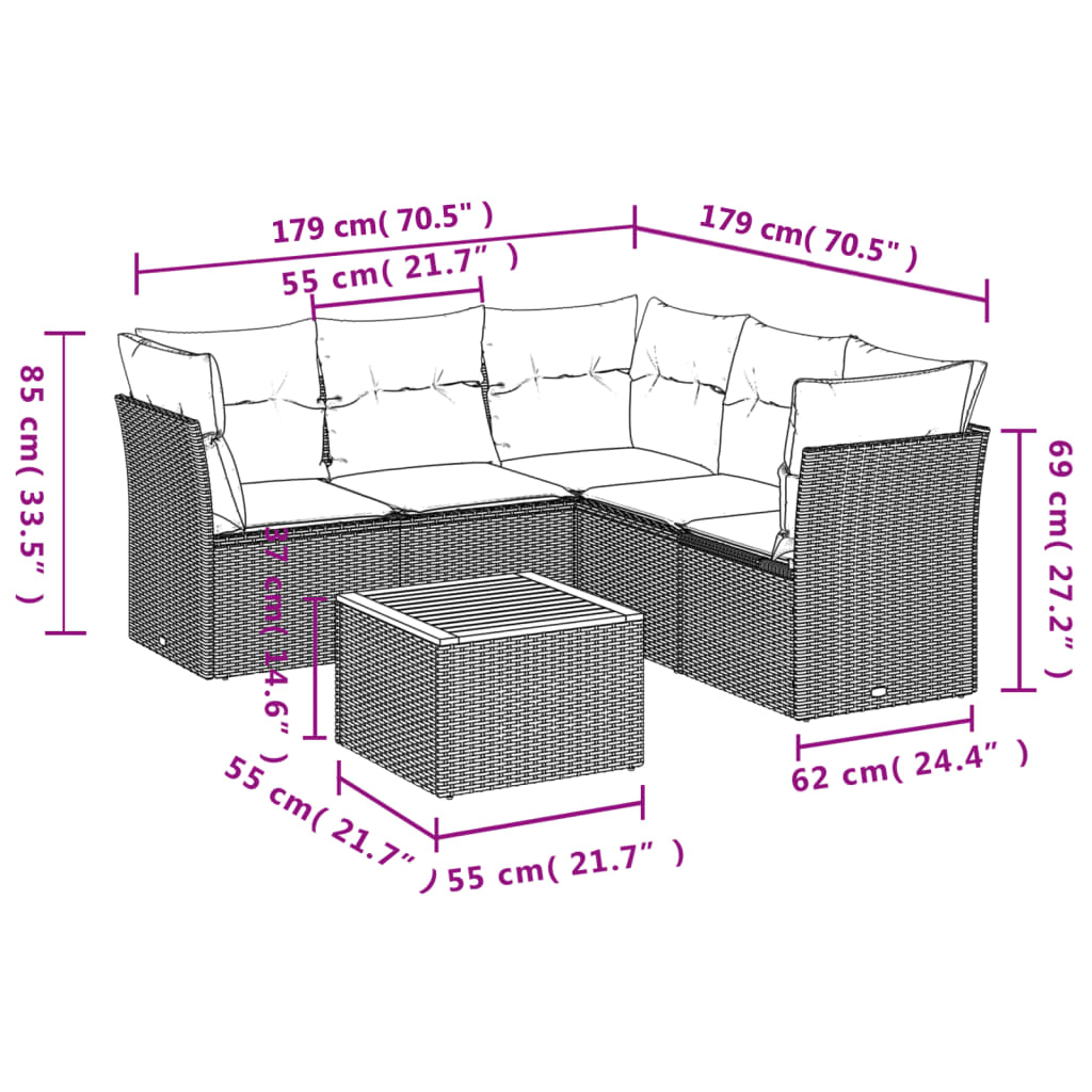 Set Divani da Giardino 6 pz con Cuscini Nero in Polyrattan