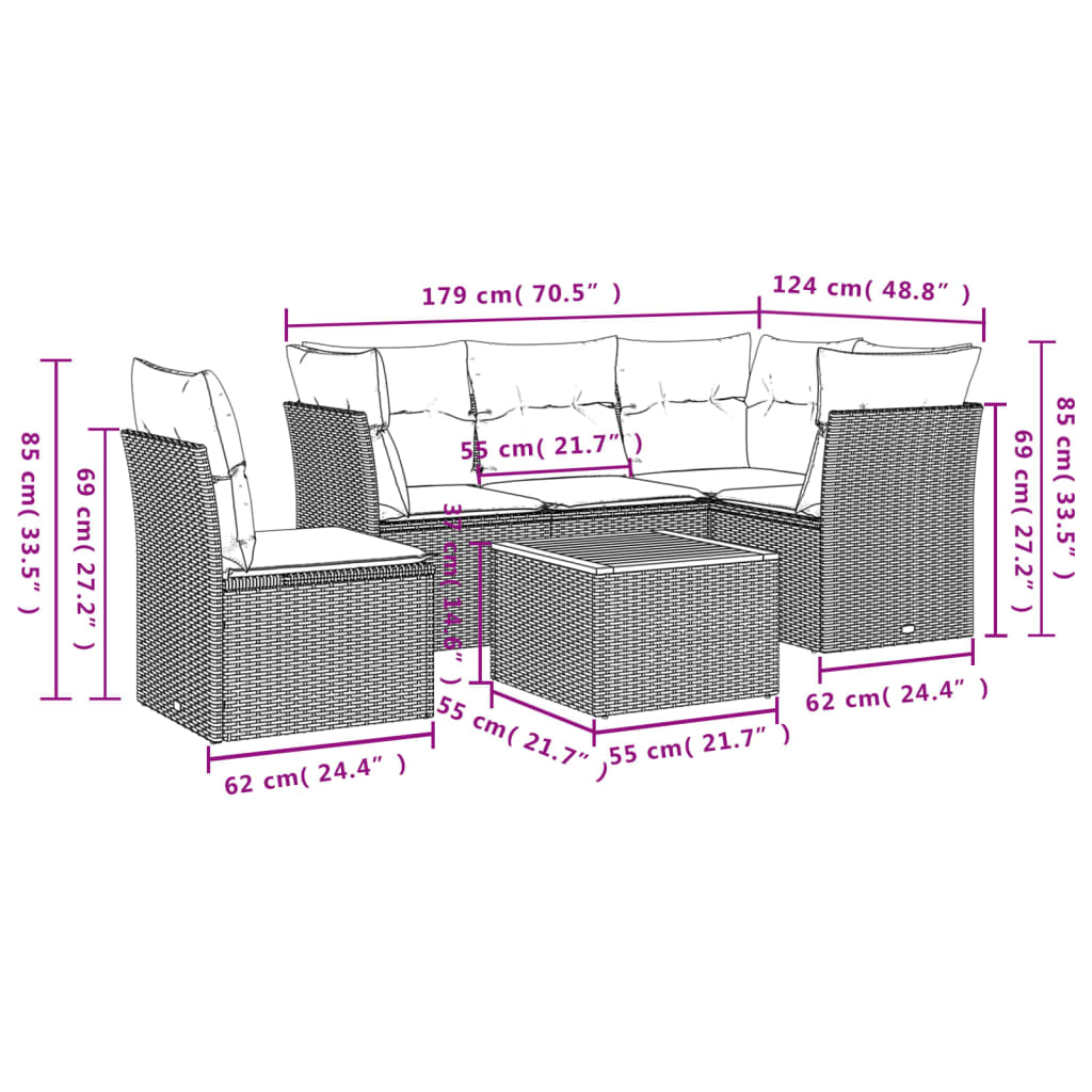 Set Divani da Giardino 6 pz con Cuscini Nero in Polyrattan