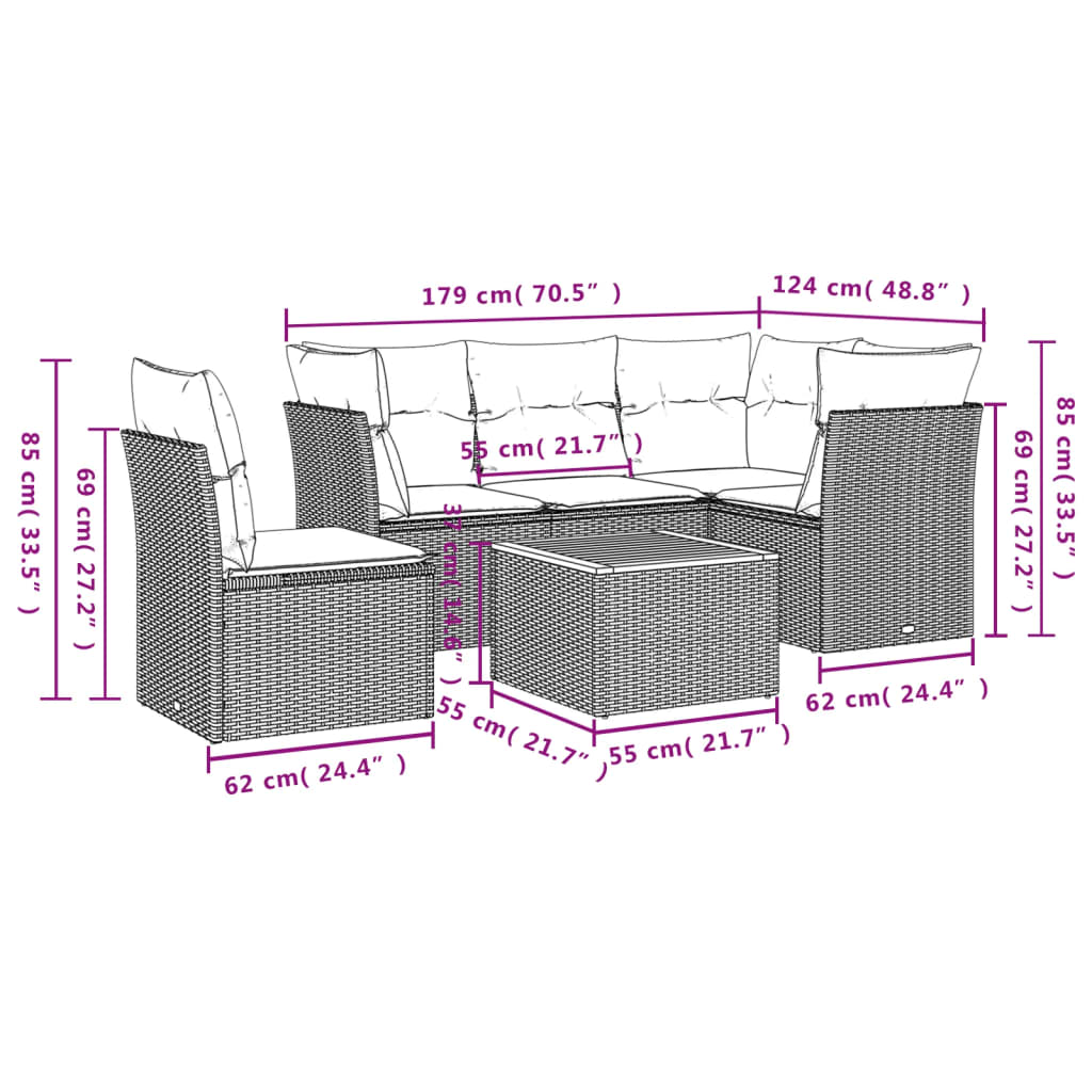 Set Divano da Giardino 6 pz con Cuscini Grigio in Polyrattan