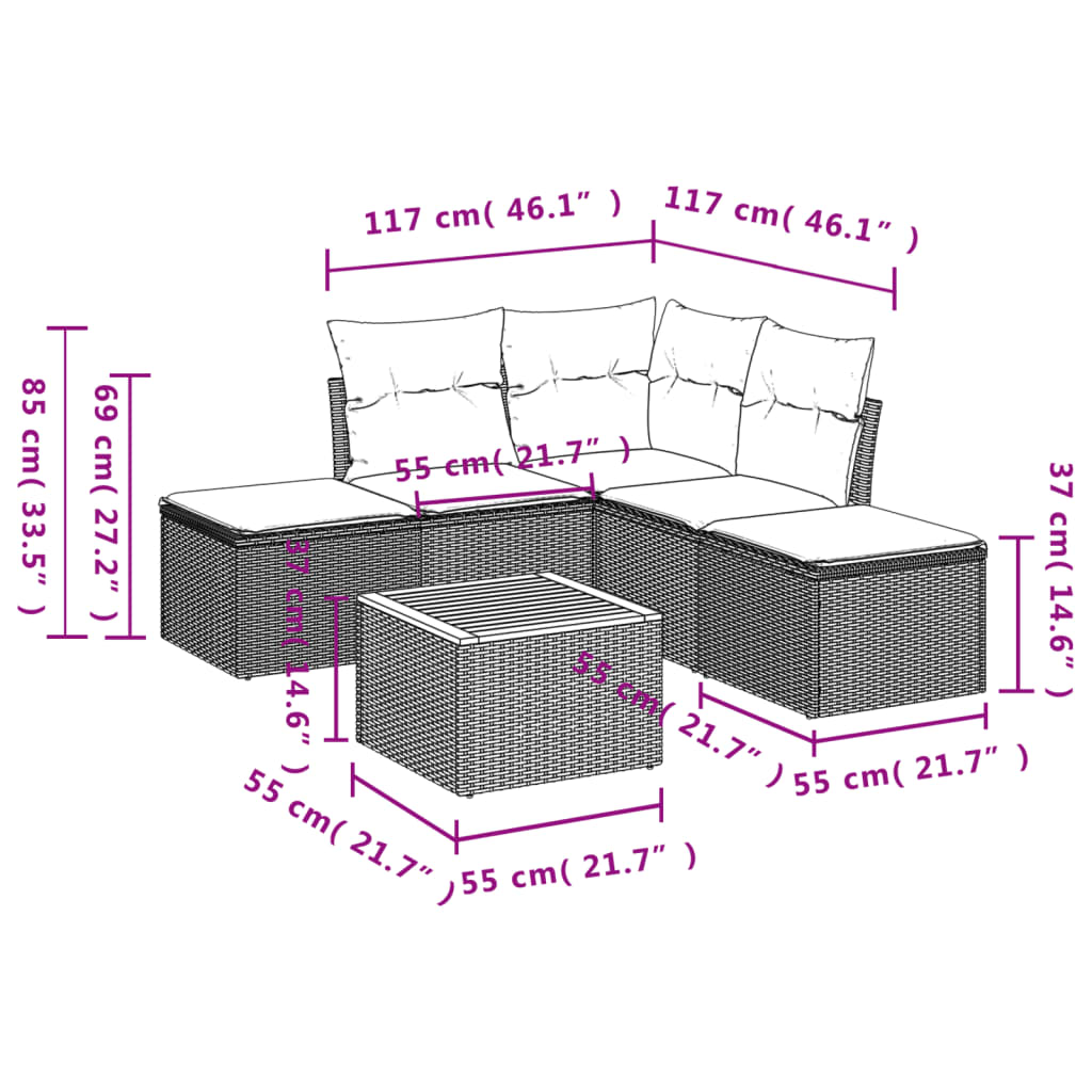 Set Divano da Giardino 6 pz con Cuscini Beige Misto Polyrattan