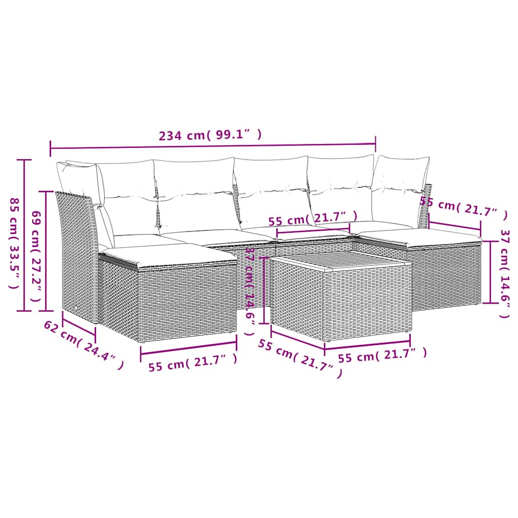 Set Divani da Giardino 7 pz con Cuscini Grigio in Polyrattan