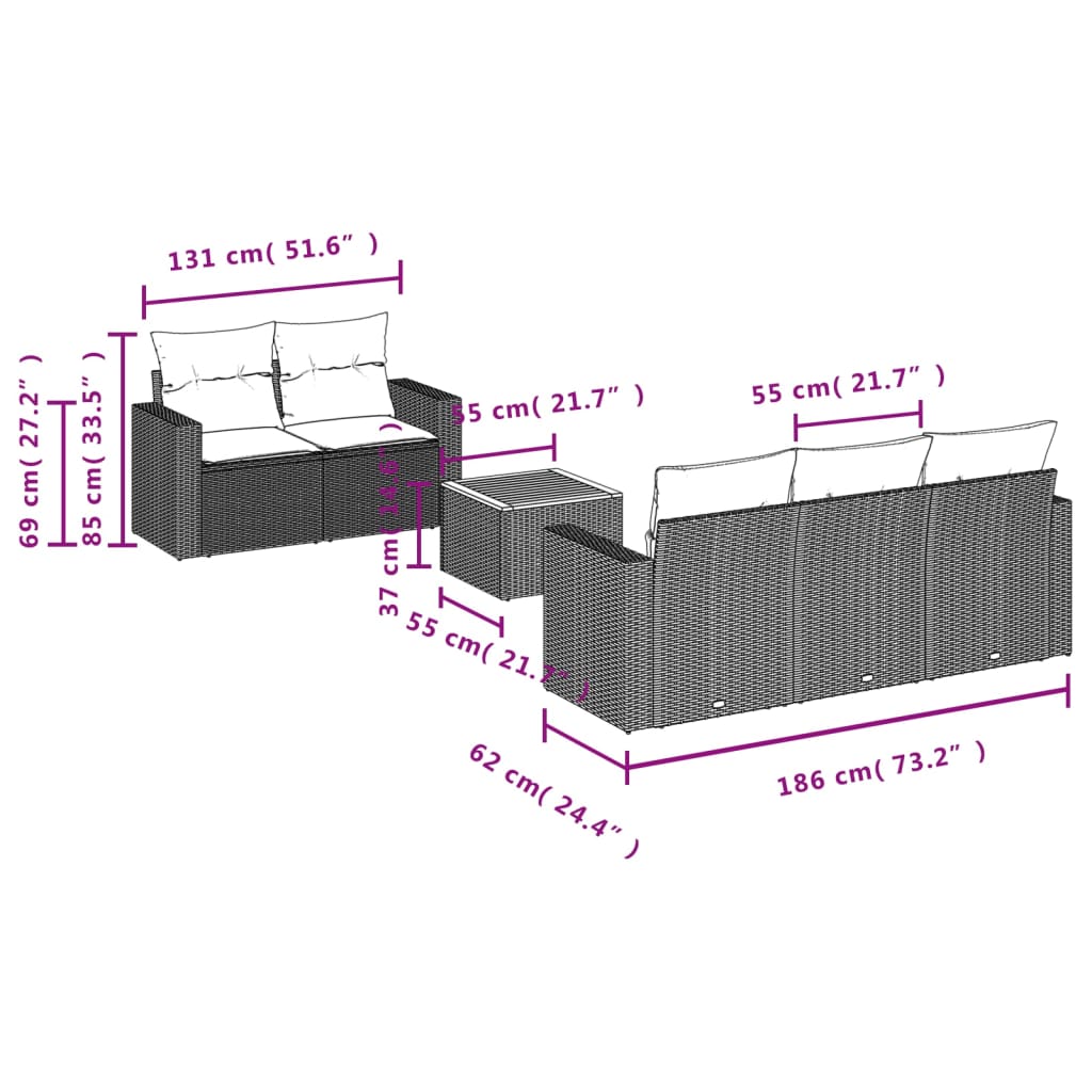 Set Divani da Giardino 6 pz con Cuscini Nero in Polyrattan