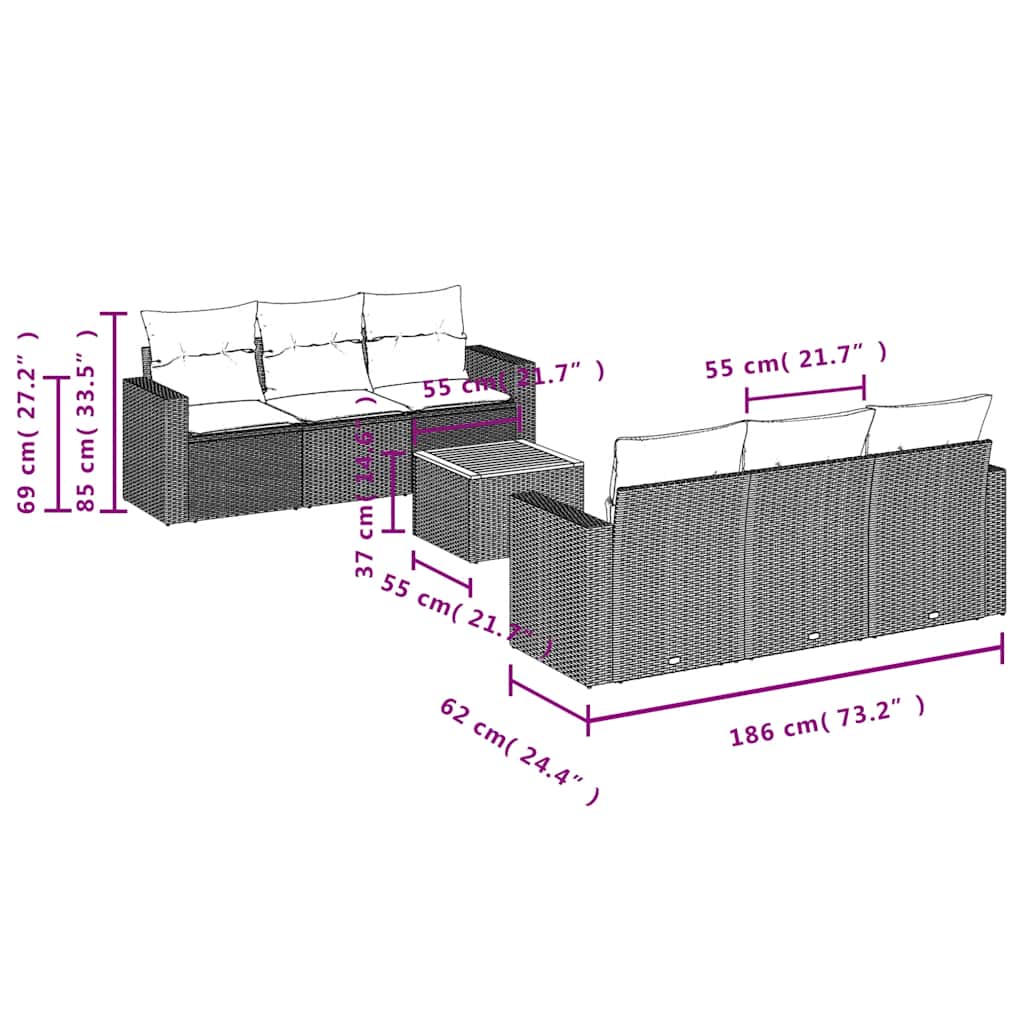 Set Divani da Giardino 7 pz con Cuscini Grigio in Polyrattan