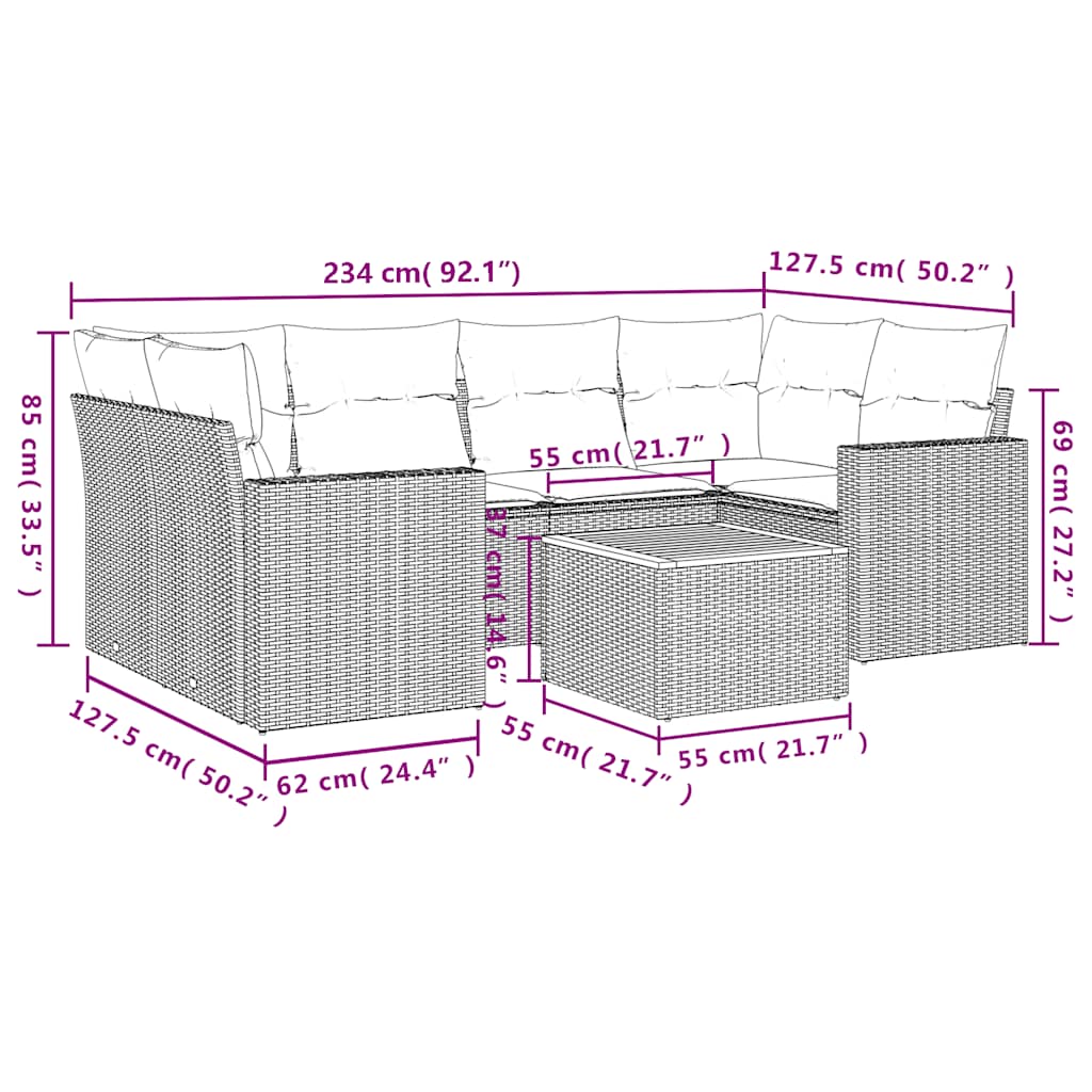 Set Divani da Giardino 7 pz con Cuscini Grigio in Polyrattan