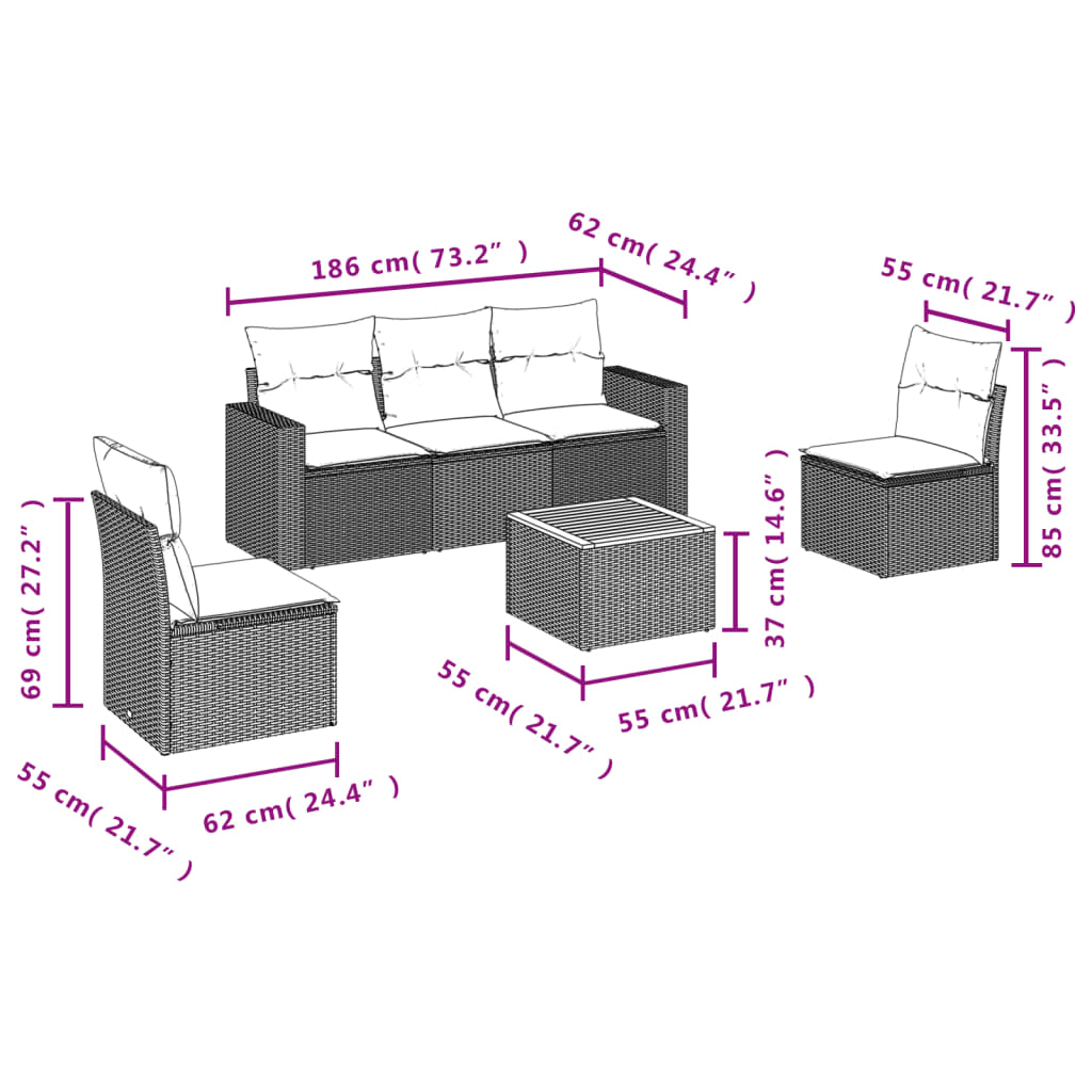 Set Divano da Giardino 6 pz con Cuscini Beige Misto Polyrattan