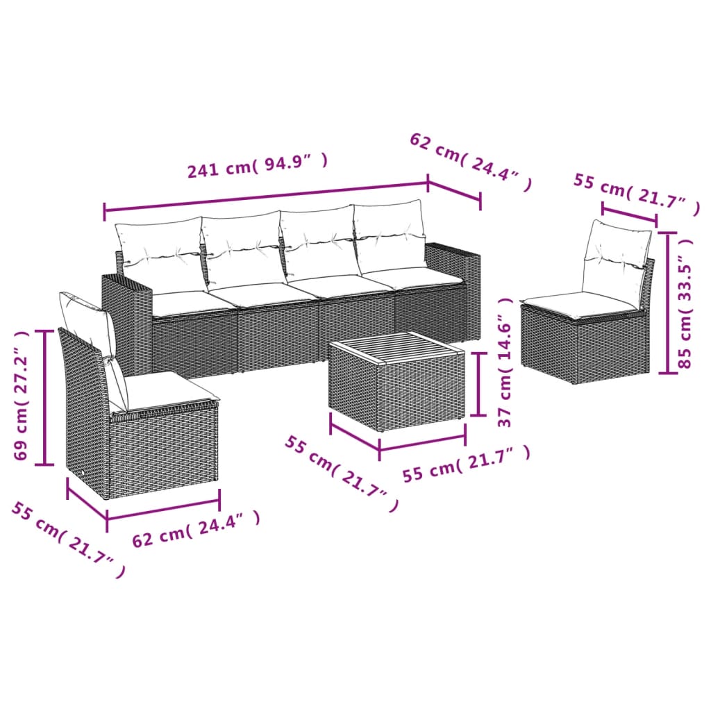 Set Divani da Giardino 7 pz con Cuscini Nero in Polyrattan