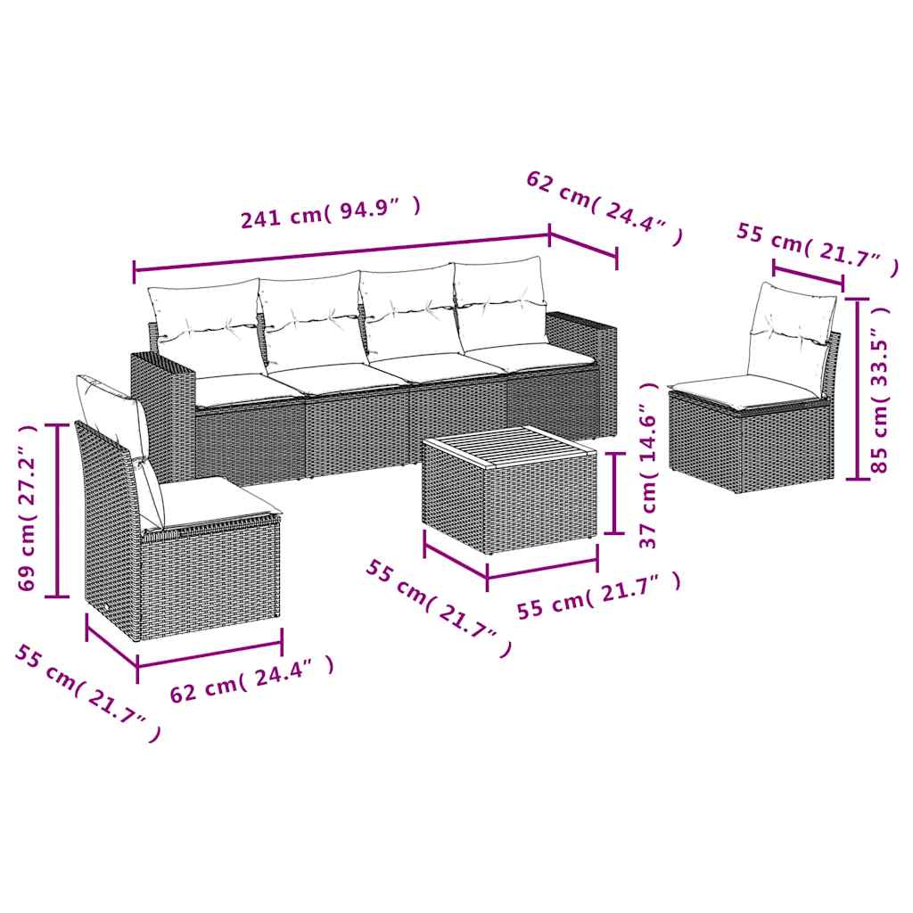 Set Divani da Giardino 7 pz con Cuscini Grigio in Polyrattan