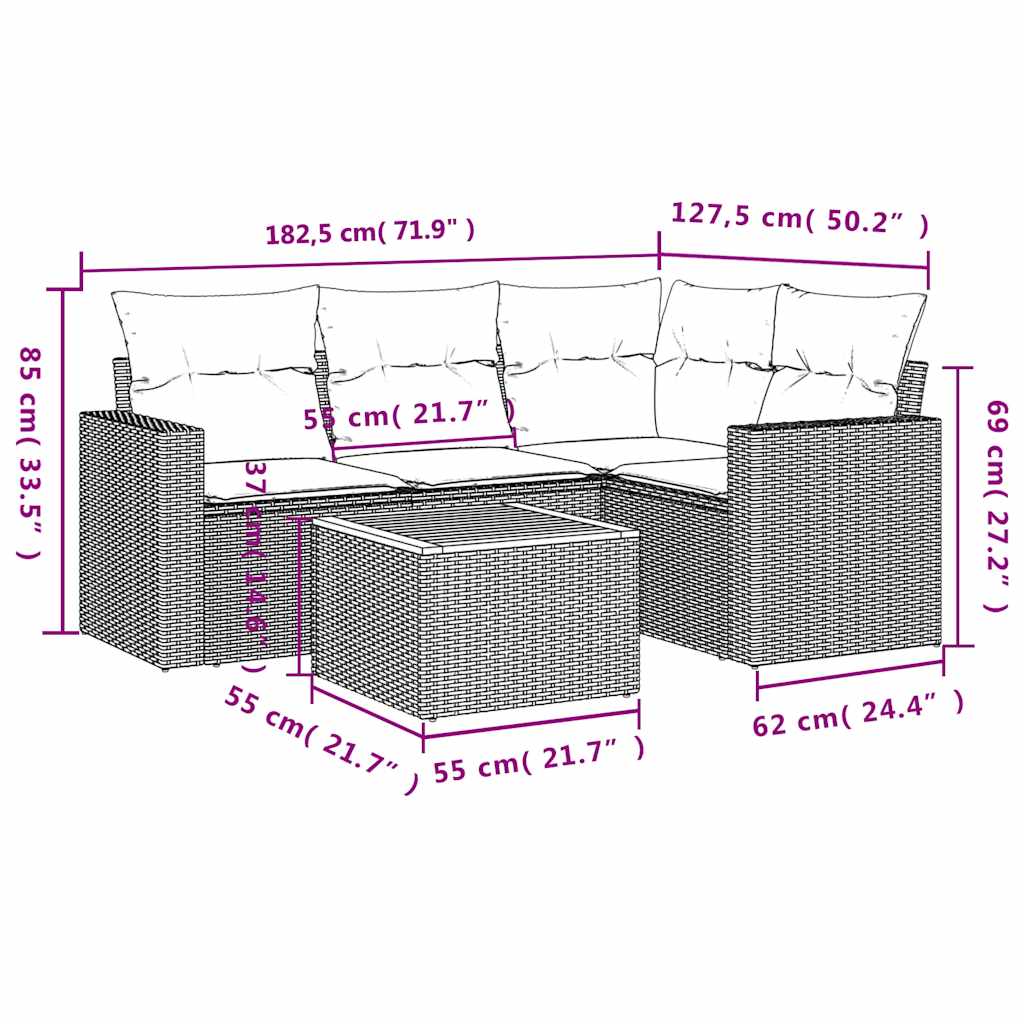Set Divani da Giardino 5 pz con Cuscini in Polyrattan Nero