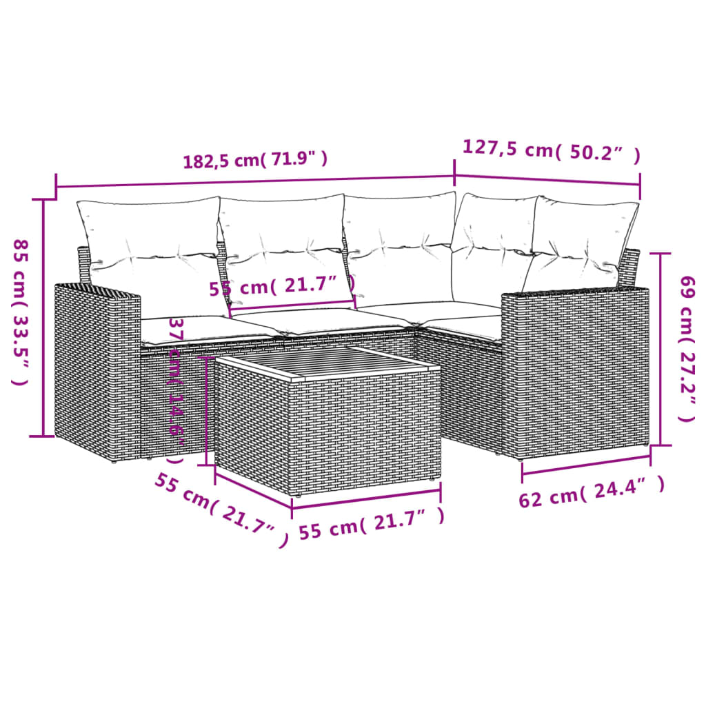 Set Divano da Giardino 5 pz con Cuscini Beige Misto Polyrattan