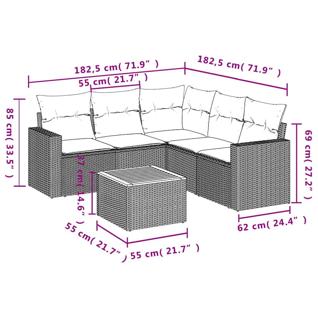 Set Divani da Giardino 6 pz con Cuscini Nero in Polyrattan