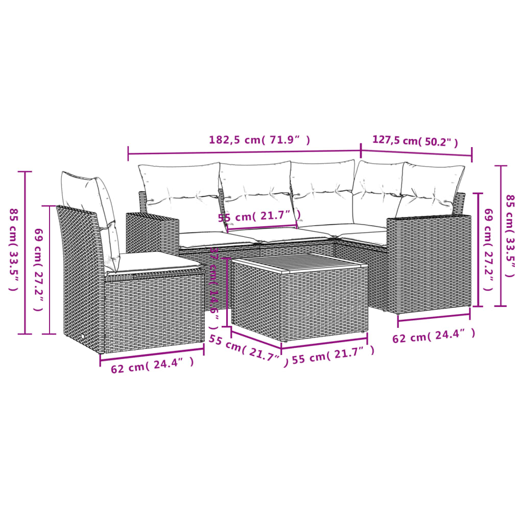 Set Divano da Giardino 6 pz con Cuscini Nero in Polyrattan