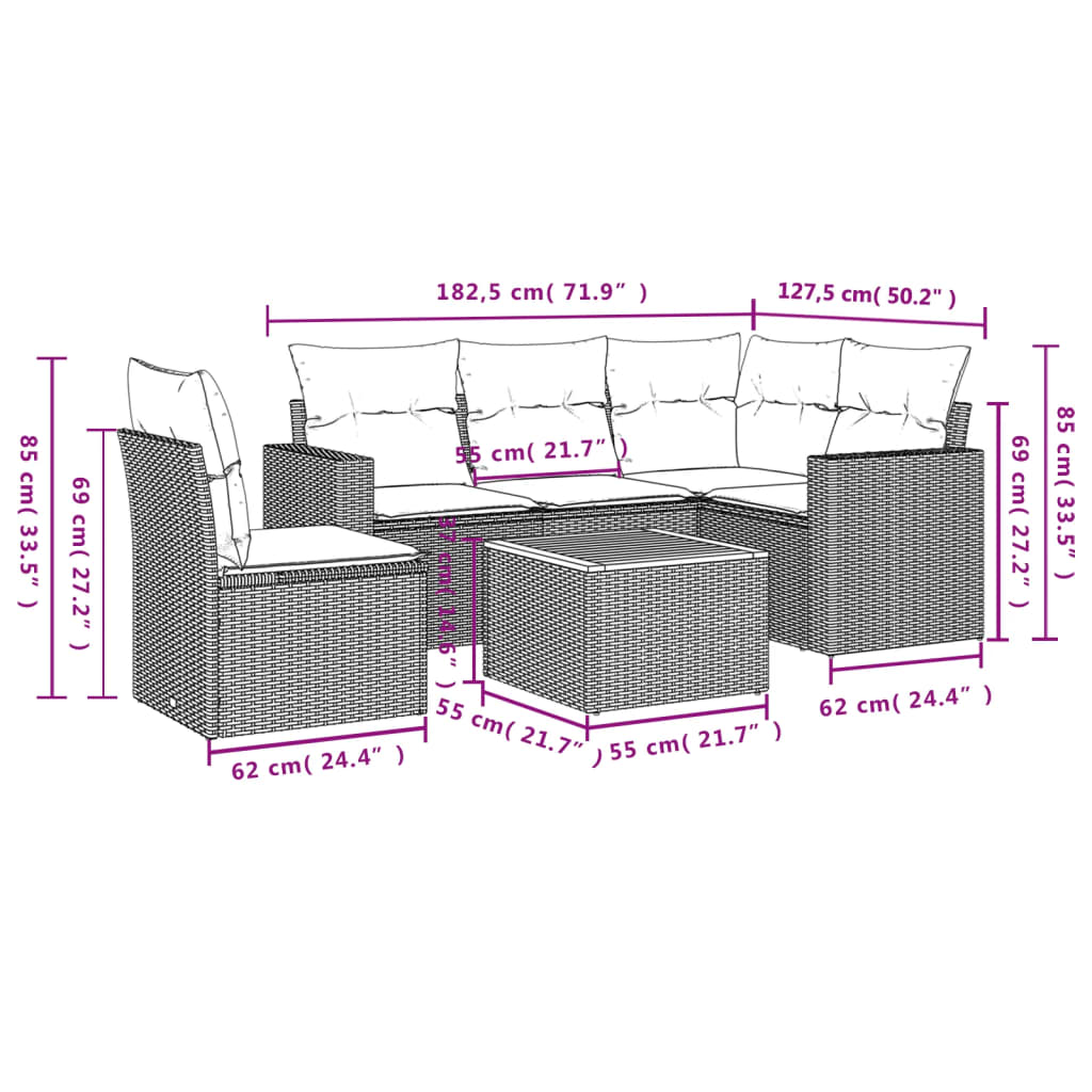 Set Divano da Giardino 6 pz con Cuscini Nero in Polyrattan