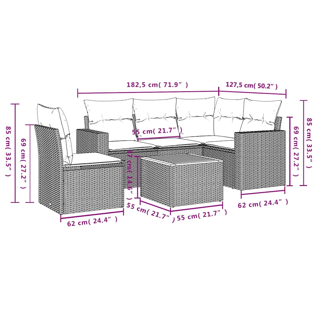 Set Divani da Giardino 6 pz con Cuscini Nero in Polyrattan
