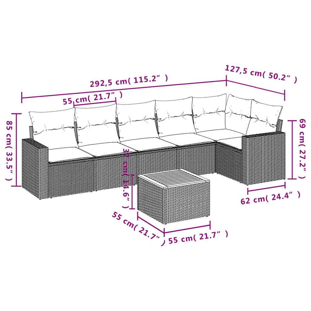 Set Divani da Giardino 7 pz con Cuscini Grigio in Polyrattan