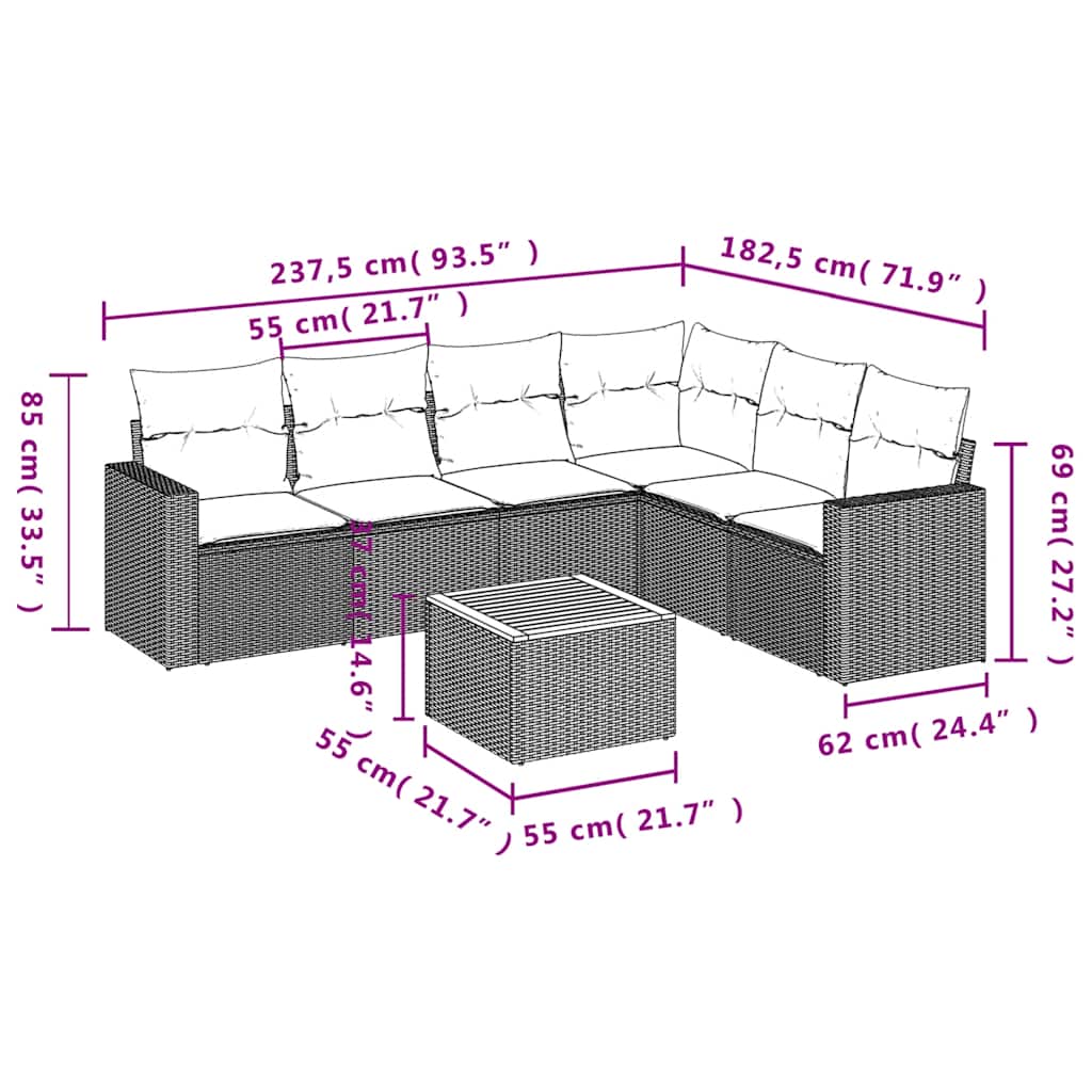Set Divani da Giardino 7 pz con Cuscini Grigio in Polyrattan