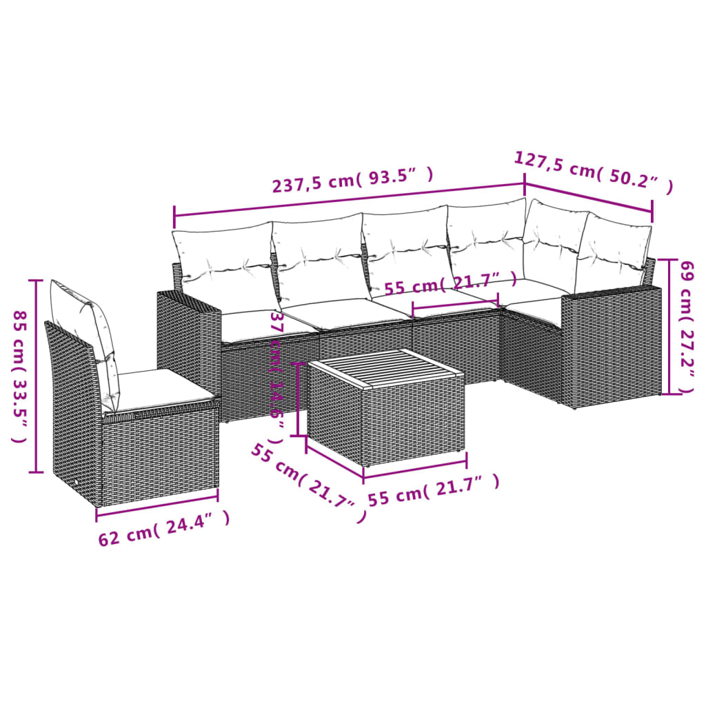 Set Divani da Giardino 7 pz con Cuscini Grigio in Polyrattan