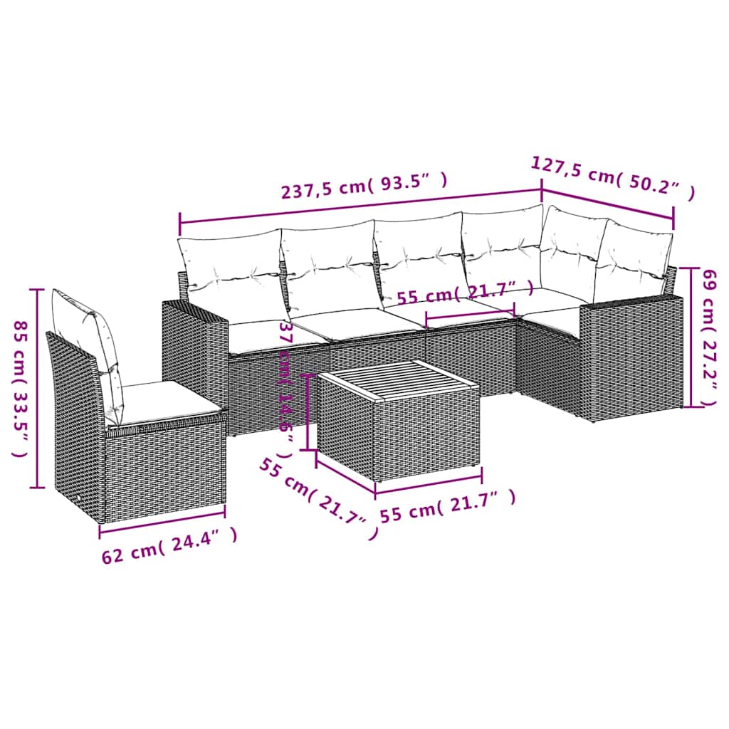 Set Divani da Giardino 7 pz con Cuscini Grigio in Polyrattan