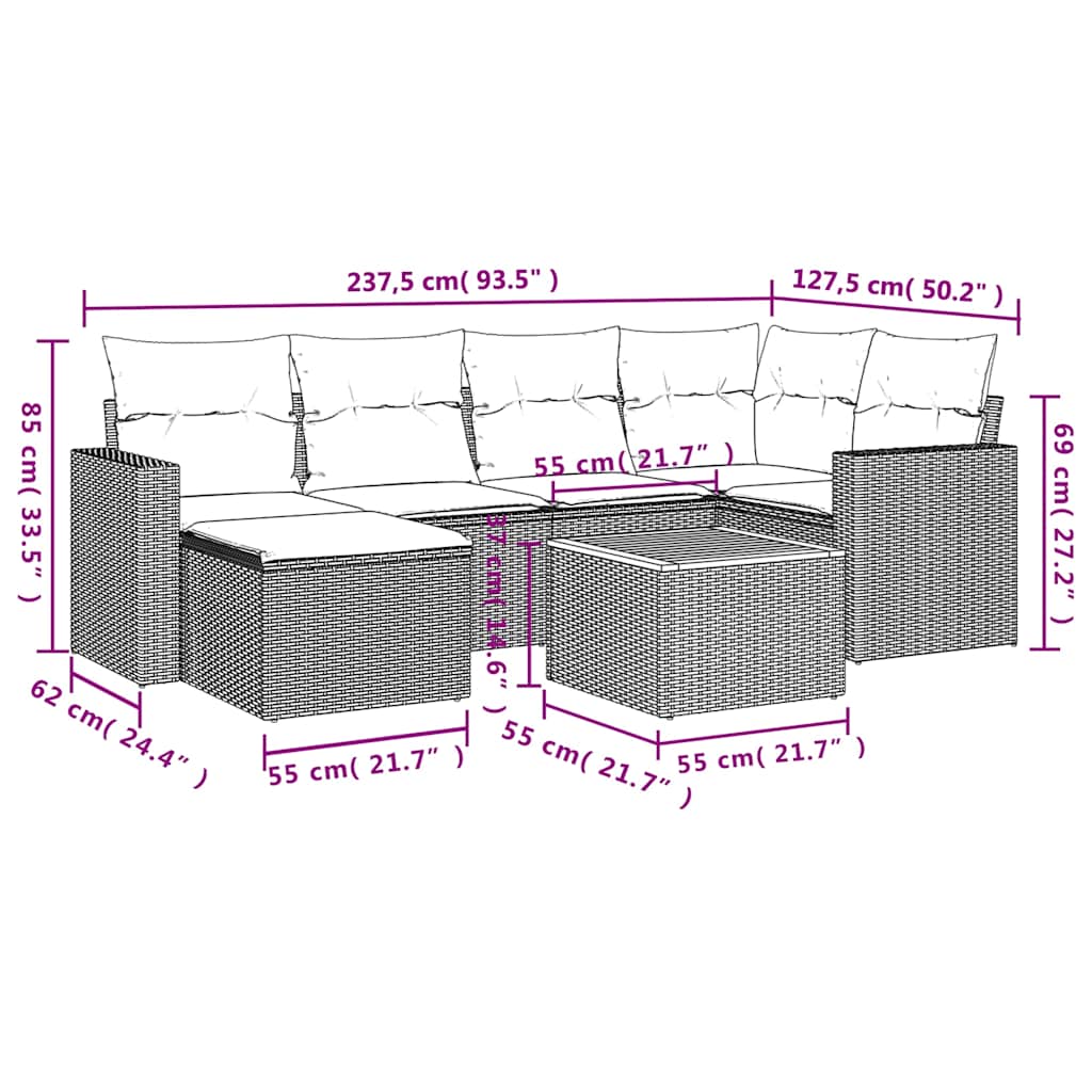 Set Divani da Giardino 7 pz con Cuscini Grigio in Polyrattan
