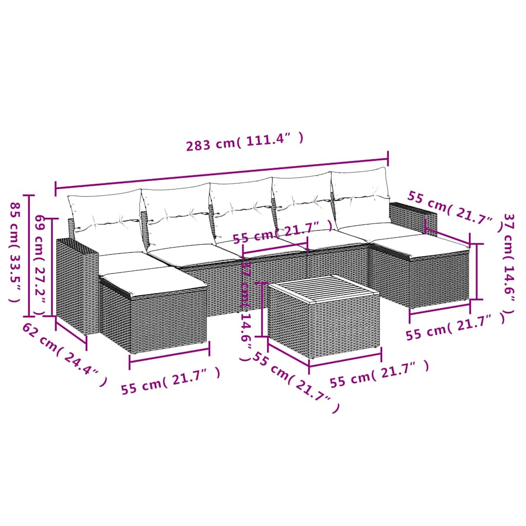 Set Divani da Giardino 8 pz con Cuscini Grigio in Polyrattan