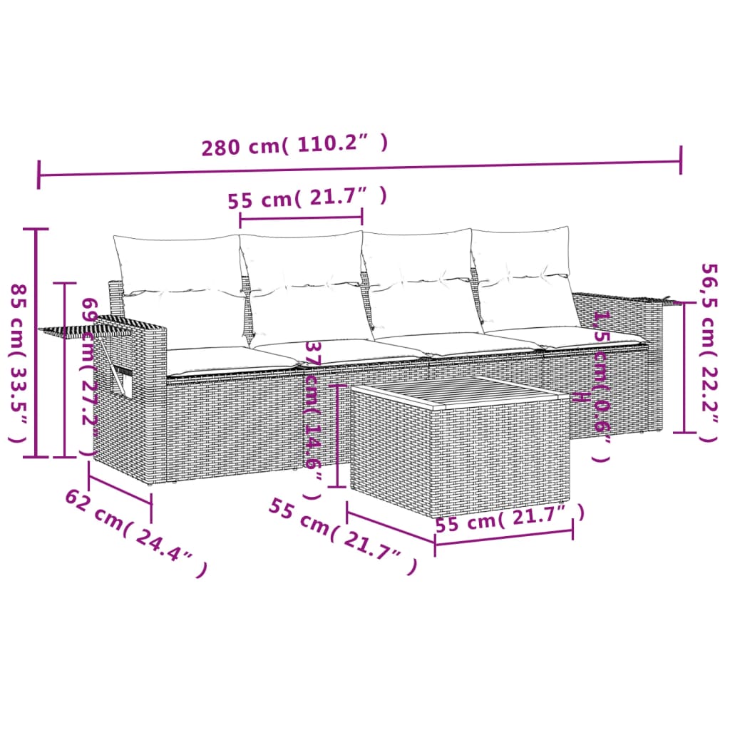 Set Divano da Giardino 5 pz con Cuscini Beige in Polyrattan