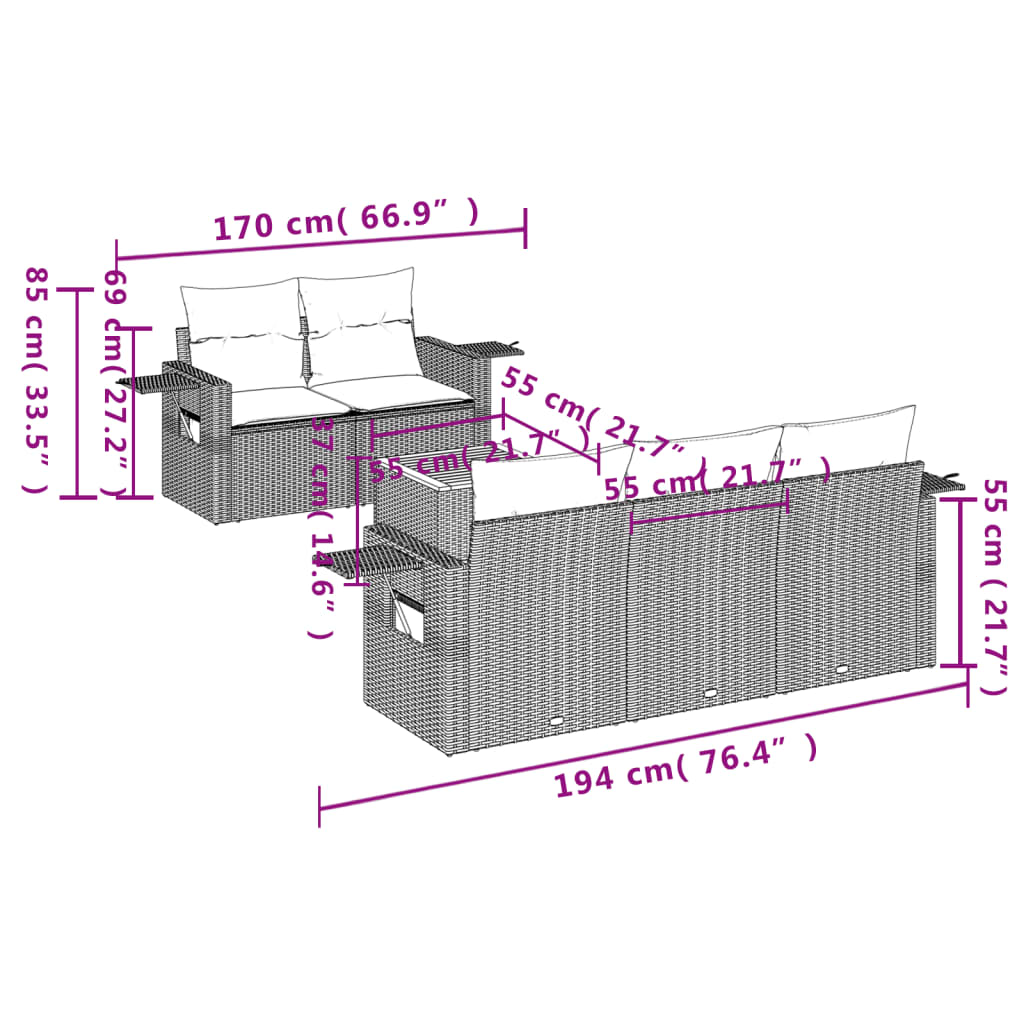 Set Divano da Giardino 6 pz con Cuscini Grigio in Polyrattan