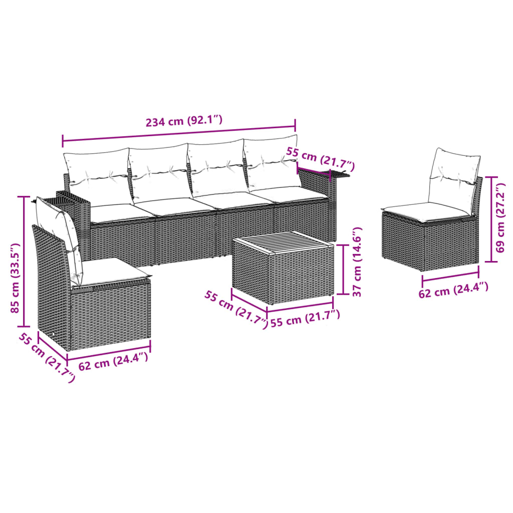 Set Divani da Giardino 7 pz con Cuscini Grigio in Polyrattan