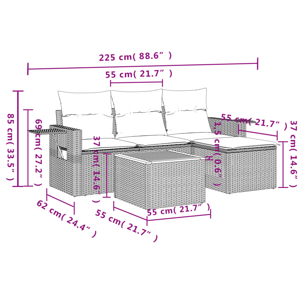 Set Divano da Giardino 5 pz con Cuscini Beige in Polyrattan