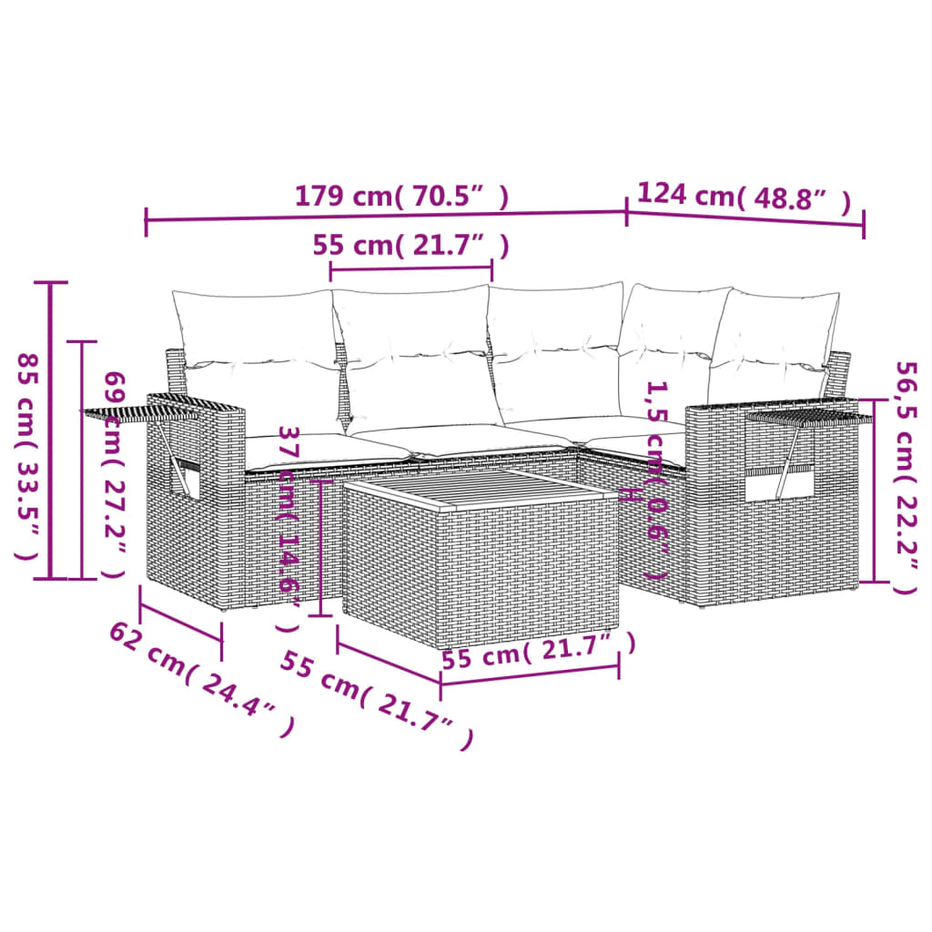 Set Divano da Giardino 5 pz con Cuscini Beige in Polyrattan