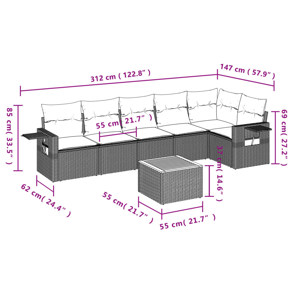 Set Divani da Giardino 7 pz con Cuscini Grigio in Polyrattan