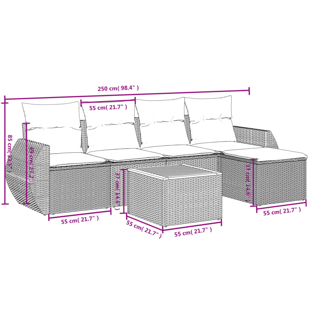 Set Divano da Giardino 6 pz con Cuscini Beige in Polyrattan