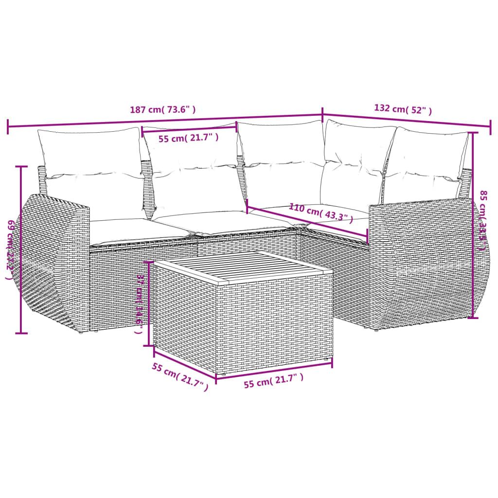 Set Divano da Giardino 5 pz con Cuscini Beige in Polyrattan