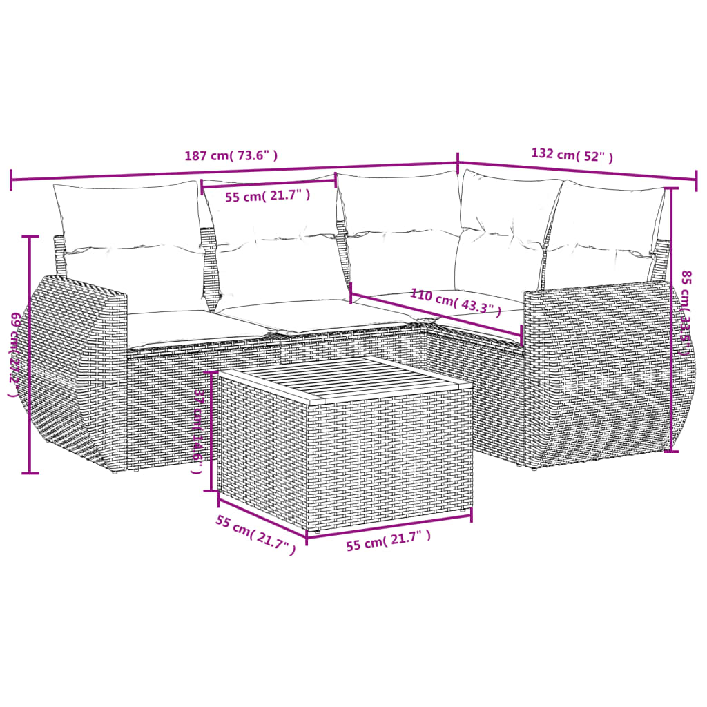 Set Divano da Giardino 5 pz con Cuscini Beige in Polyrattan