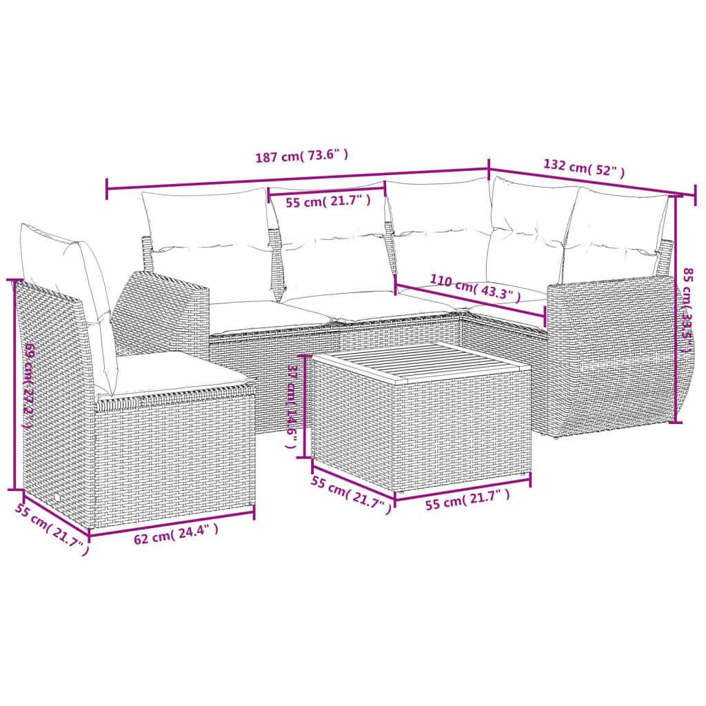 Set Divano da Giardino 6 pz con Cuscini Nero in Polyrattan