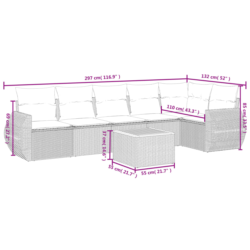 Set Divani da Giardino 7 pz con Cuscini Grigio in Polyrattan