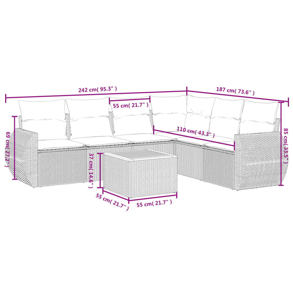 Set Divani da Giardino 7 pz con Cuscini Grigio in Polyrattan
